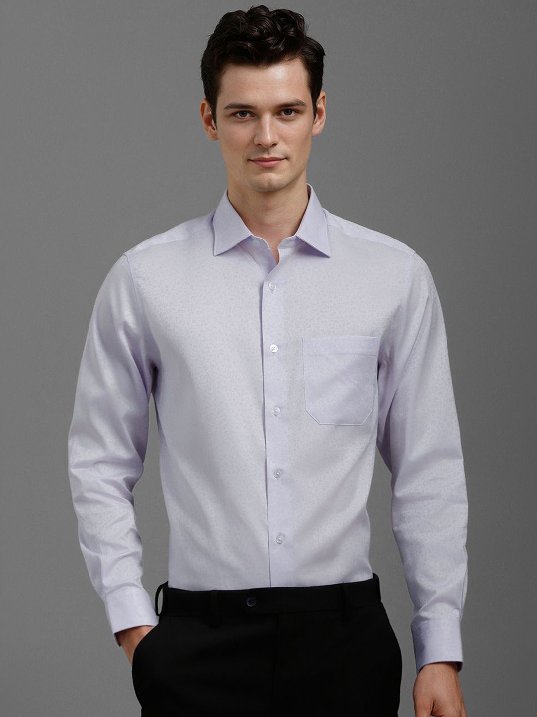 

Louis Philippe Men Classic Fit Spread Collar Floral Printed Cotton Formal Shirt, Lavender