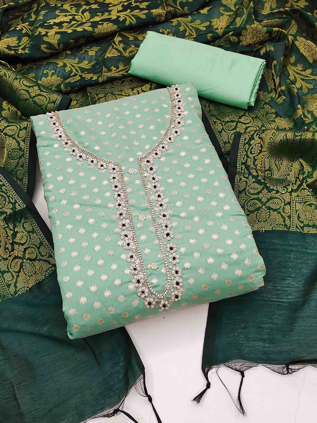 

KALINI Embellished Unstitched Dress Material, Green