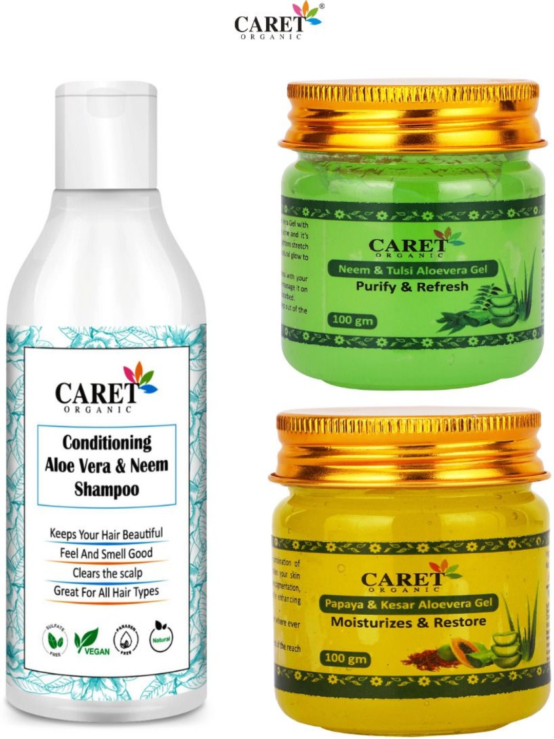 

CARET ORGANIC Set Of 3 Conditioning Neem Shampoo & Papaya Kesar Aloevera Gel, Multi
