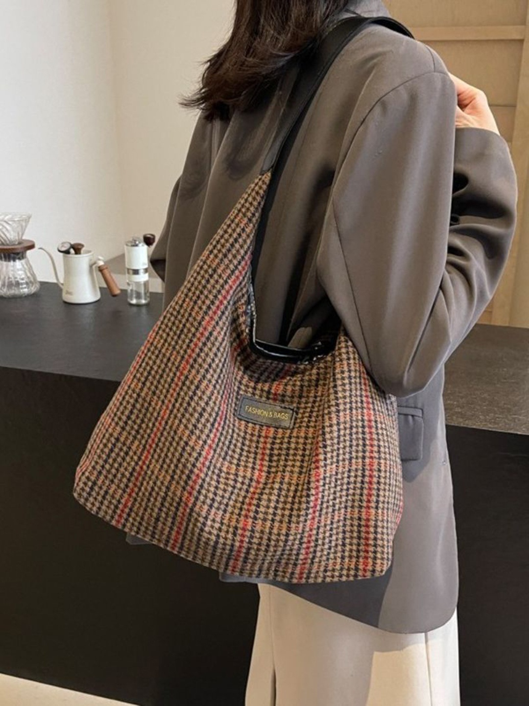 

StyleCast Checked PU Shopper Tote Bag with, Brown