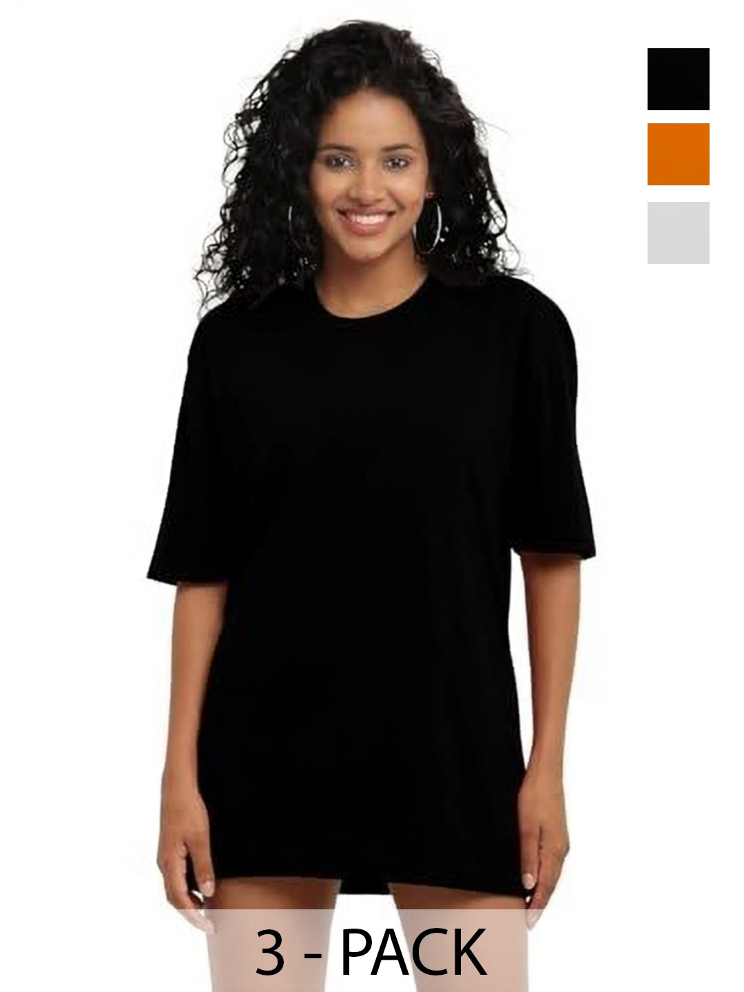 

NOTWILD Women Pack Of 3 Solid Round Neck Oversized T-shirts, Black