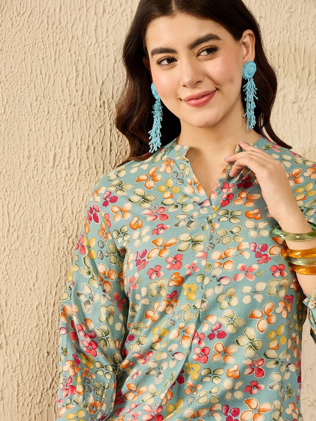 

KALINI Women Floral Printed Cuffed Sleeves Mandarin Collar Top, Blue