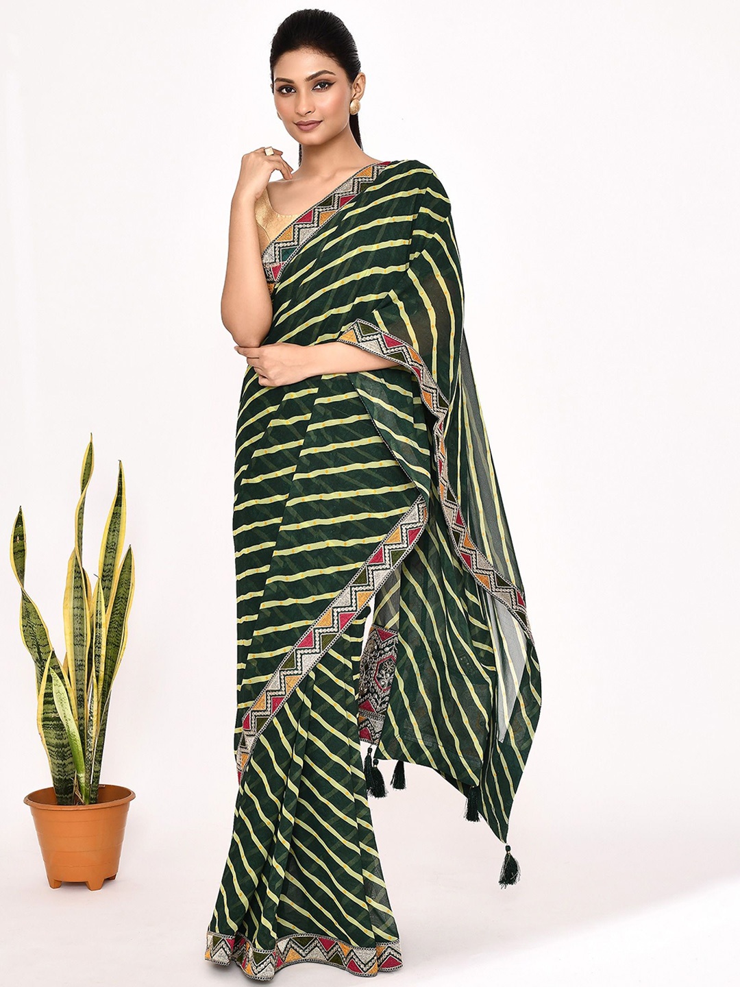 

Manu Designer Ethnic Motifs Embroidered Pure Georgette Saree, Green