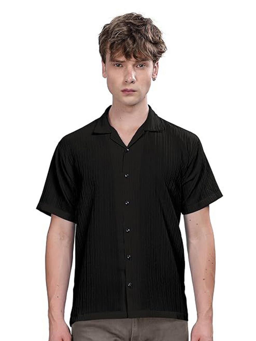 

SWADESI STUFF Men Comfort Fit Cuban Collar Textured Casual Shirt, Black