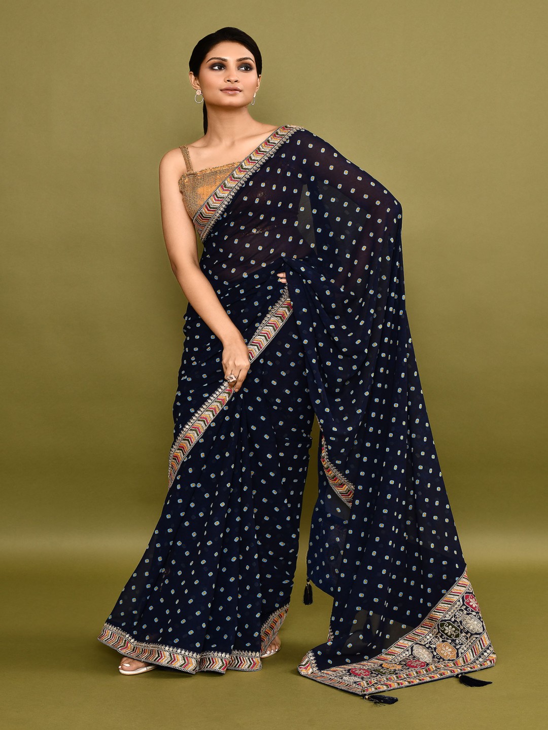 

Manu Designer Bandhani Embroidered Pure Georgette Saree, Blue