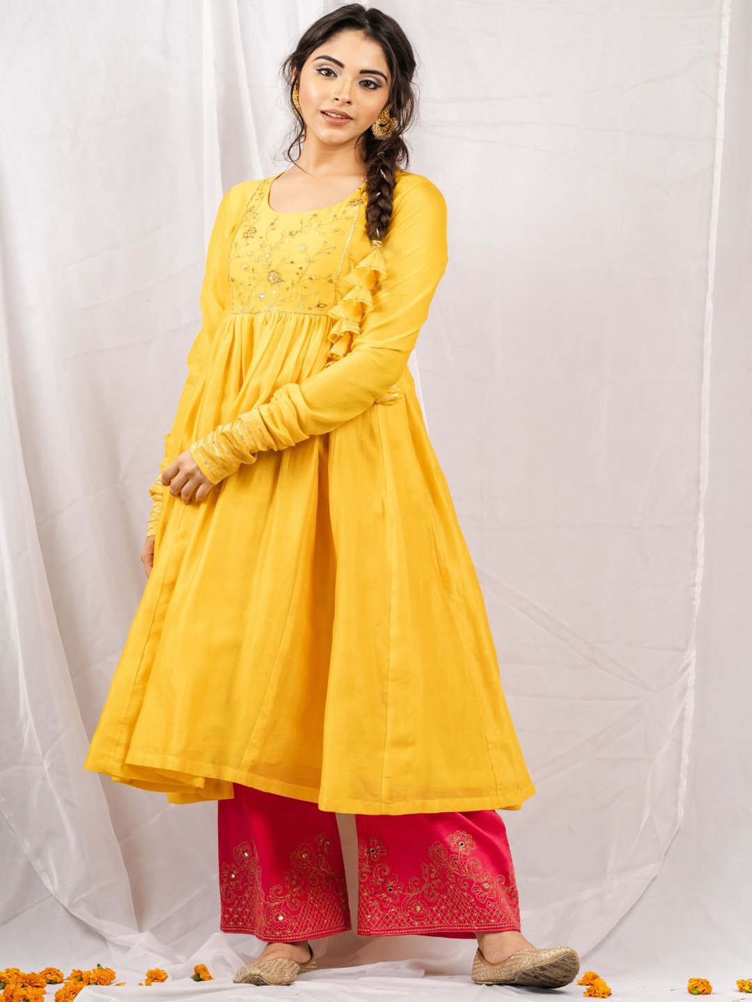 

Tapestry Women Embroidered Panelled Chanderi Silk Kurta with Palazzos & With Dupatta, Yellow