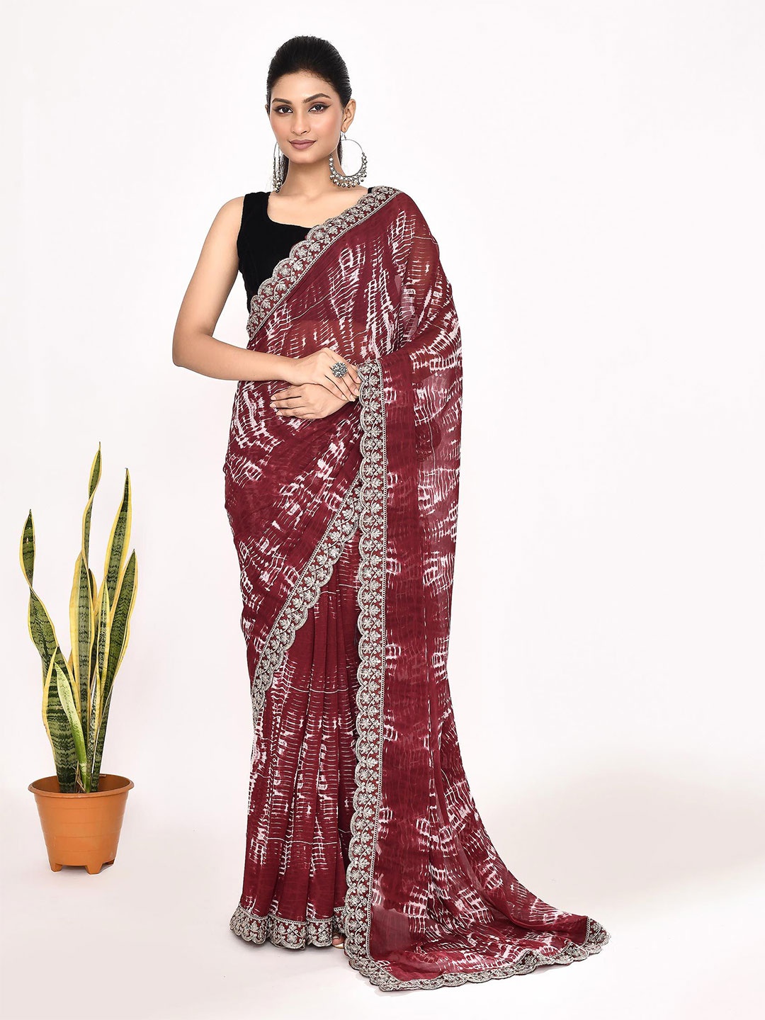 

Manu Designer Tie and Dye Embroidered Pure Georgette Saree, Red