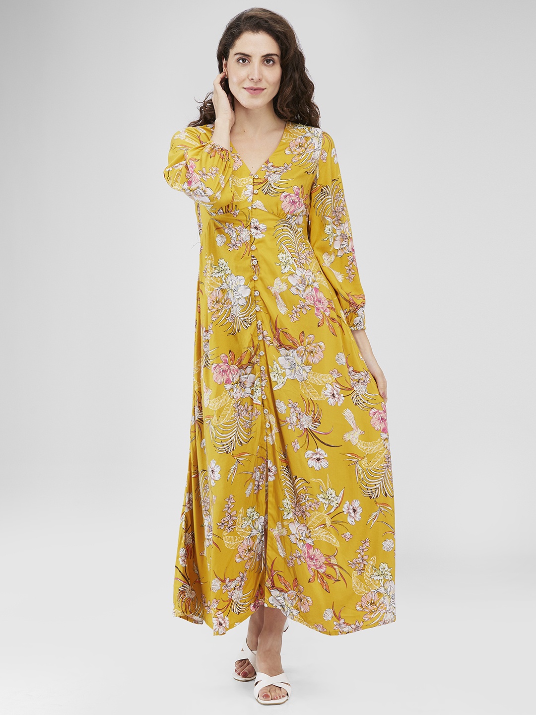 

Iti Floral Print Puff Sleeve Maxi Midi Dress, Yellow