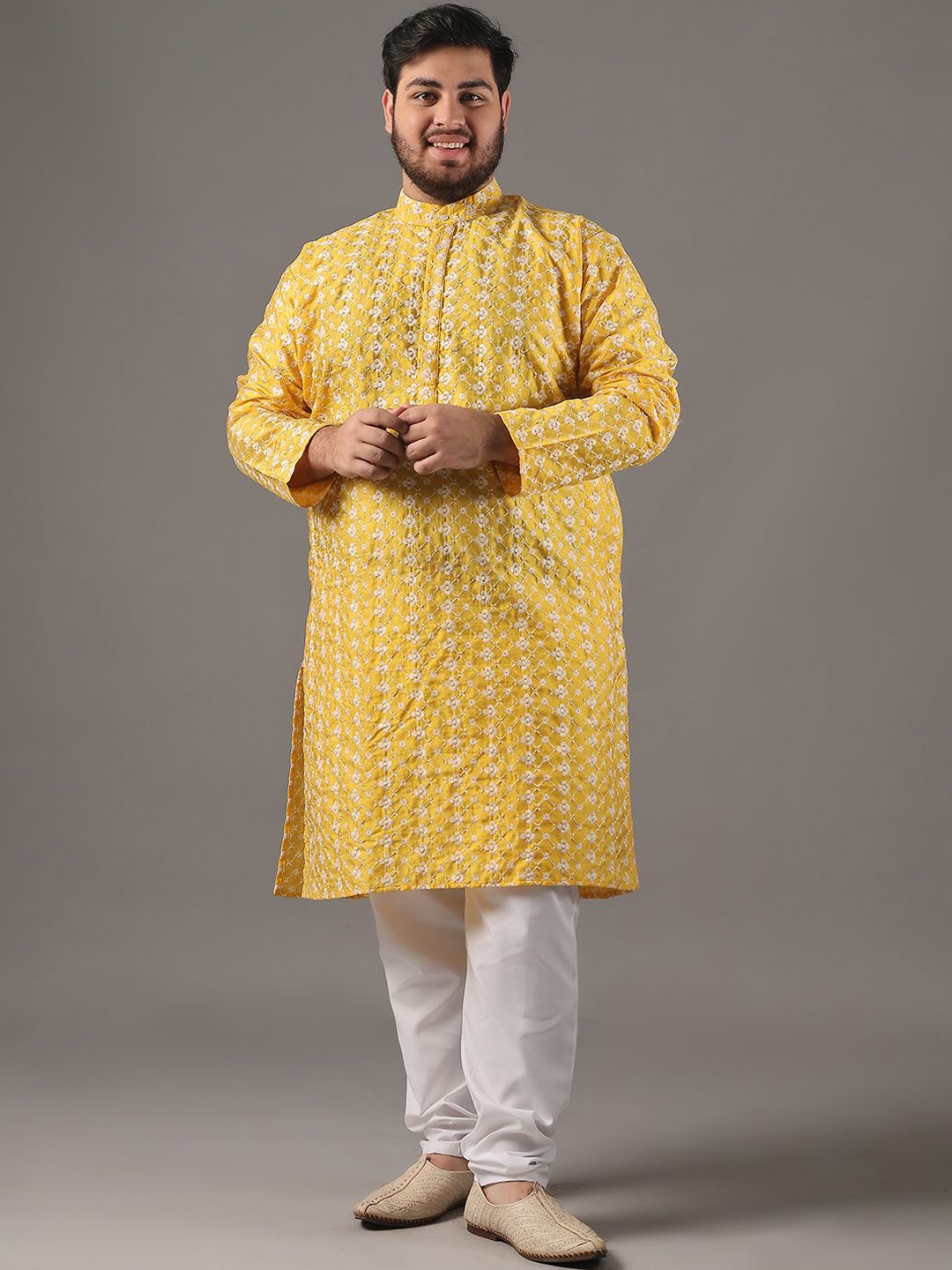 

SOJANYA PLUS Size Floral Embroidered Thread Work Band Collar Straight Kurta, Yellow