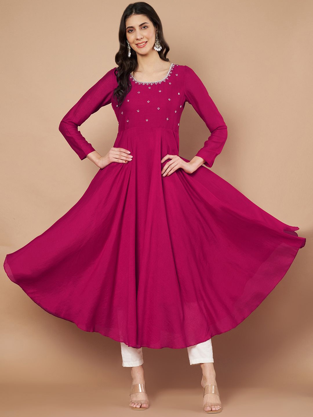 

Poshak Hub Floral Embroidered Beads And Stones Silk Anarkali Kurta, Pink