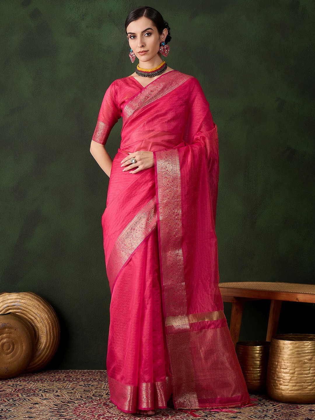 

KALINI Woven Design Zari Organza Kanjeevaram Saree, Pink