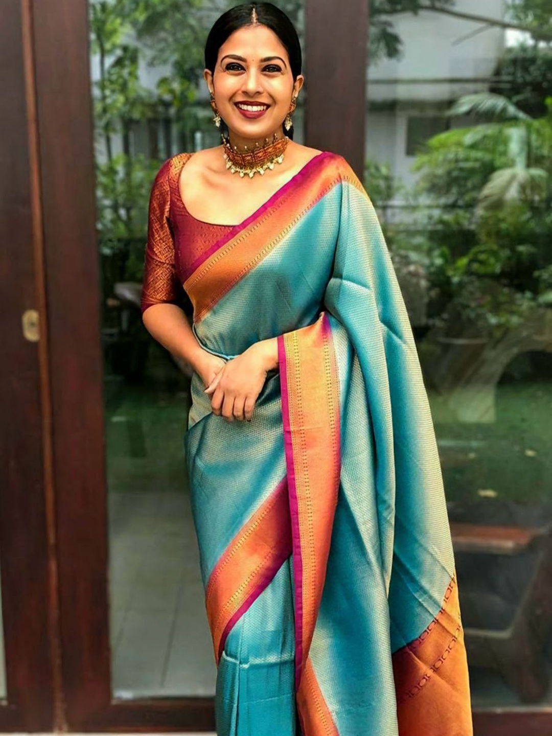 

Taslar Woven Design Zari Pure Silk Banarasi Saree, Sea green