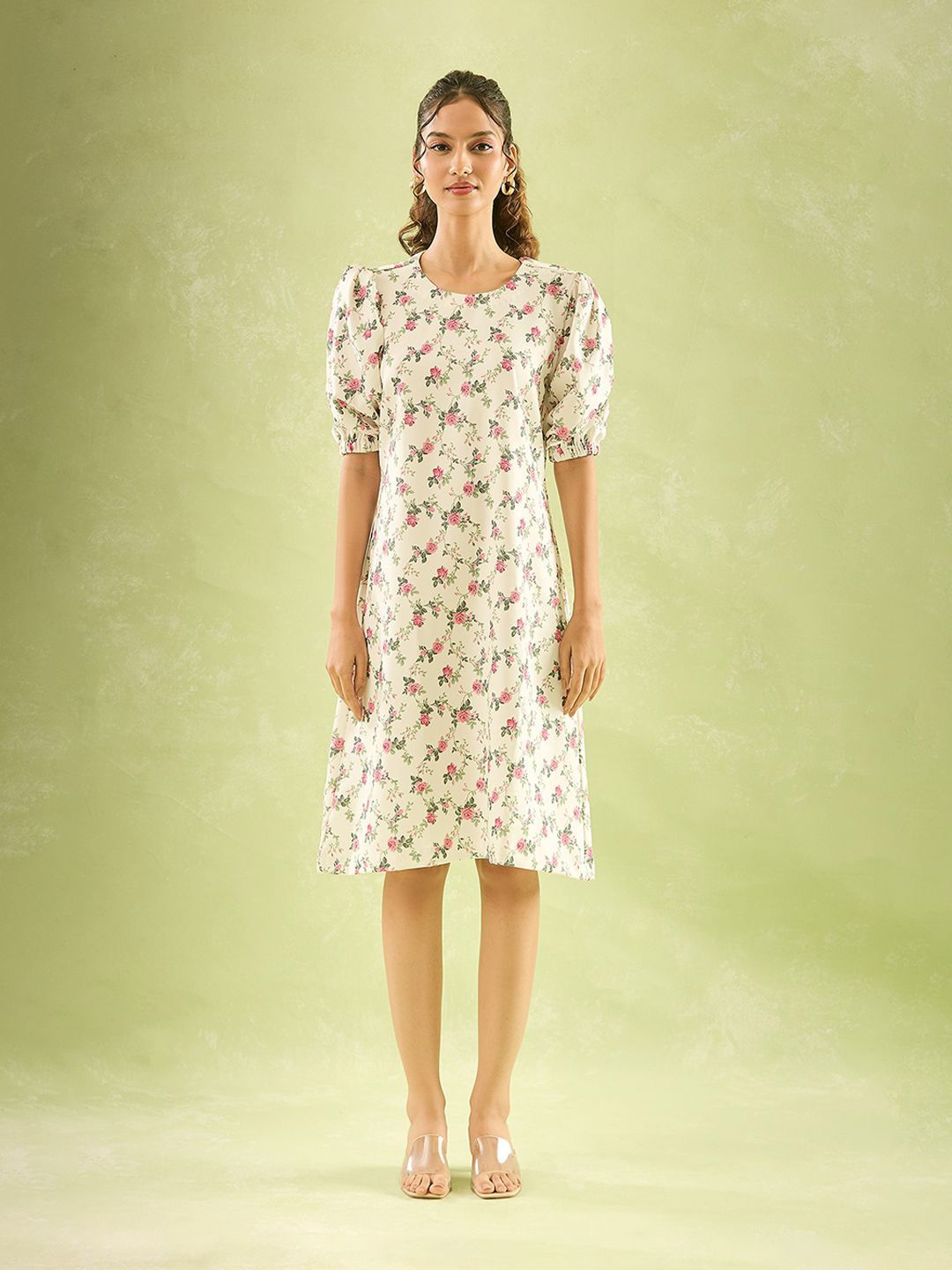 

Samyukta Singhania Women Floral Printed Puff Sleeve A-Line Dress, White