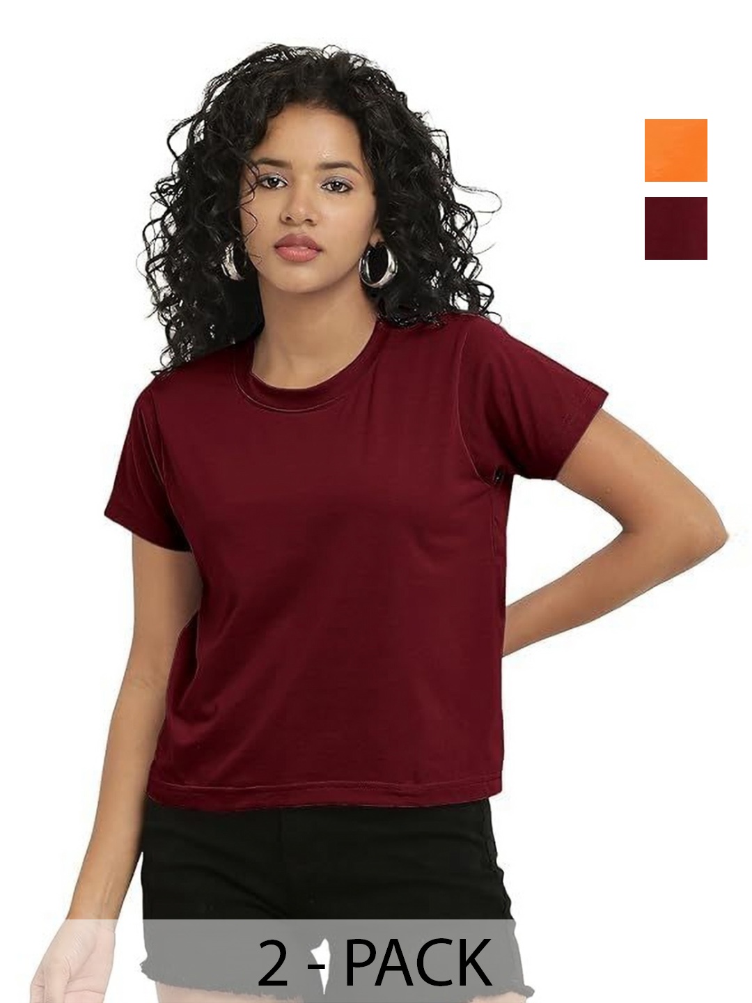 

NOTWILD Women Pack Of 2 Solid Round Neck Cotton T-shirts, Maroon