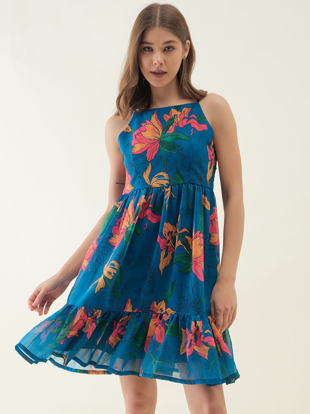 

OCTICS Floral Print Georgette Fit & Flare Mini Dress, Blue