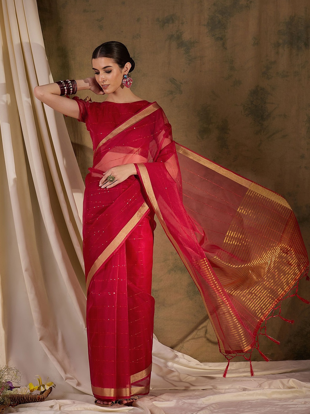 

KALINI Striped Sequinned Saree, Red