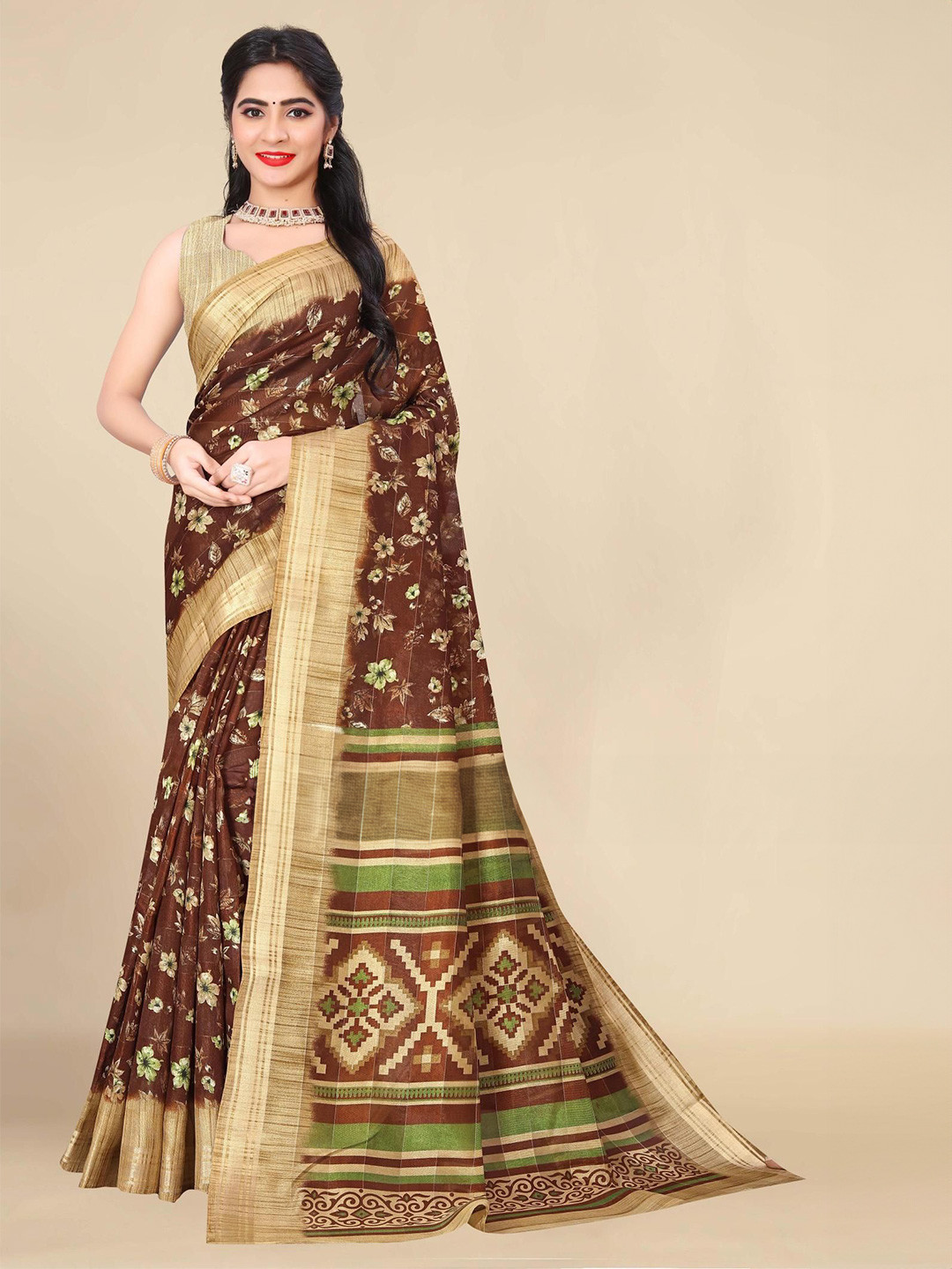 

Styleveda Floral Printed Zari Saree, Brown