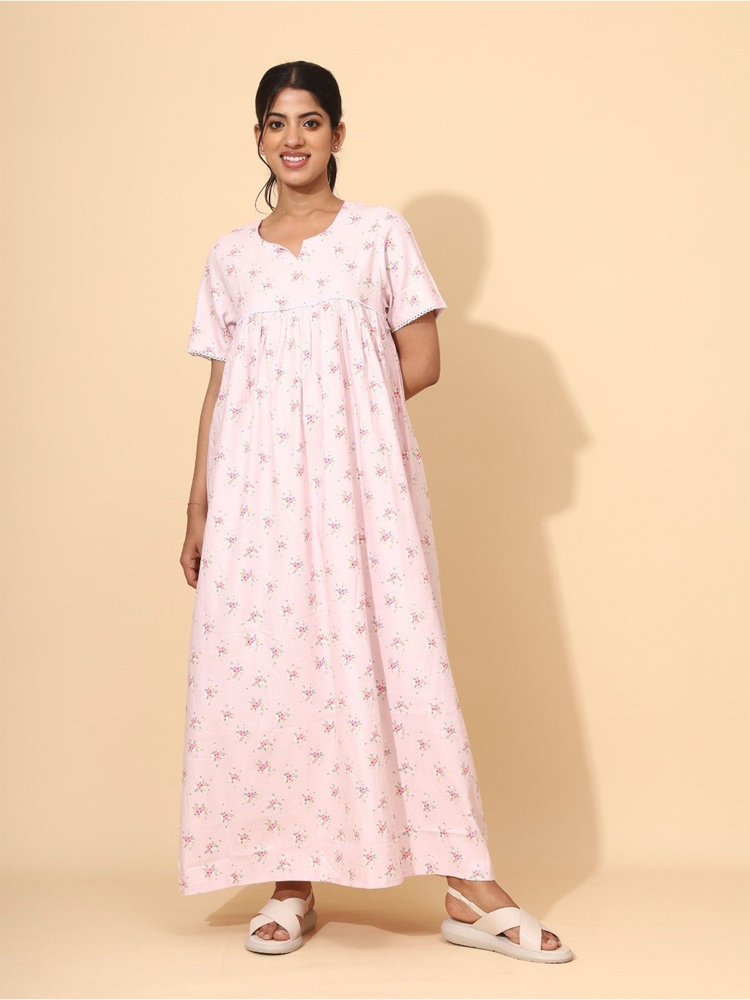 

YELLOW BLOOM Women Floral Printed Pure Cotton Maxi Nightdress, Pink