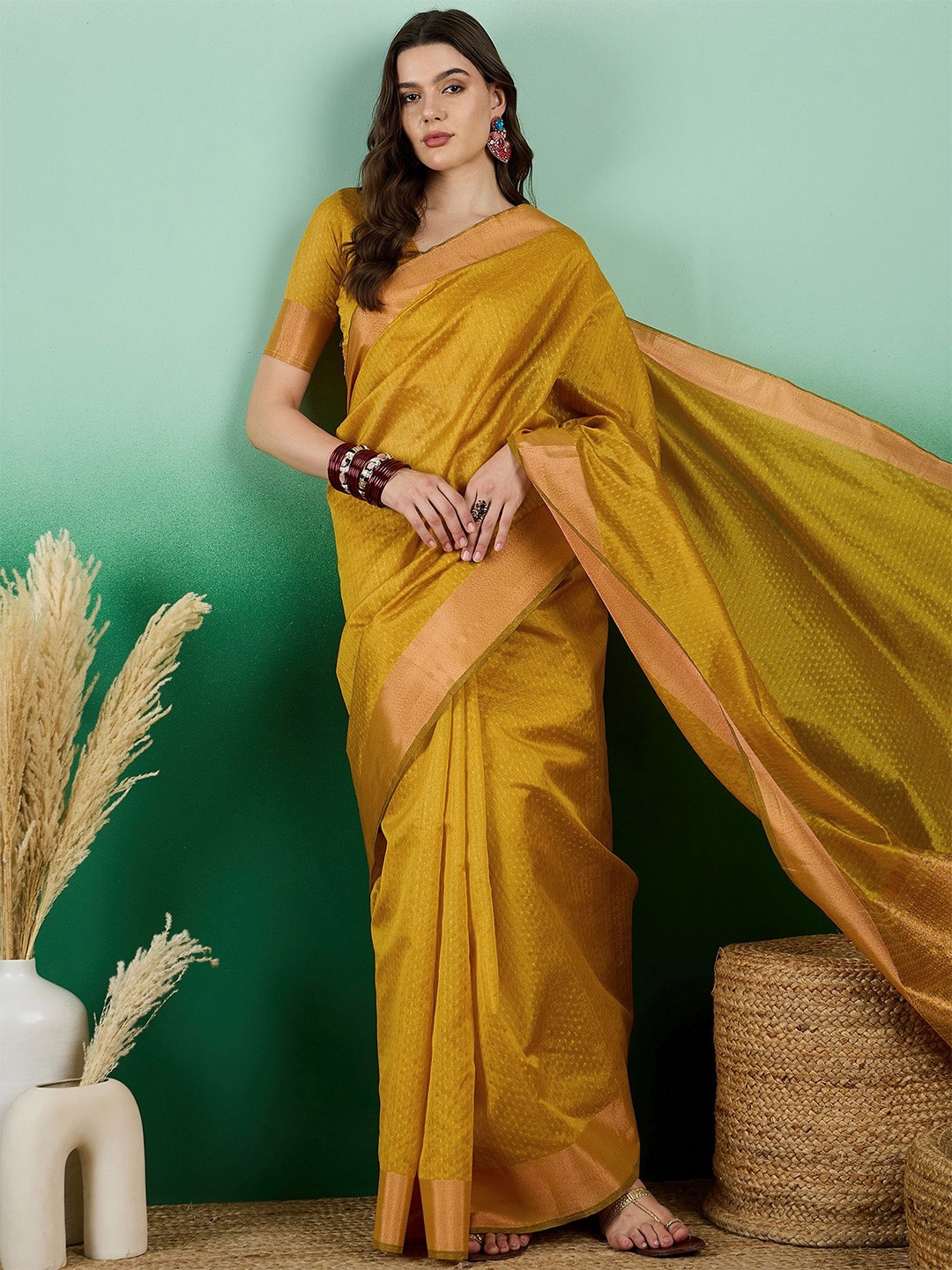 

KIMISHA Woven Design Zari Organza Kanjeevaram Saree, Gold