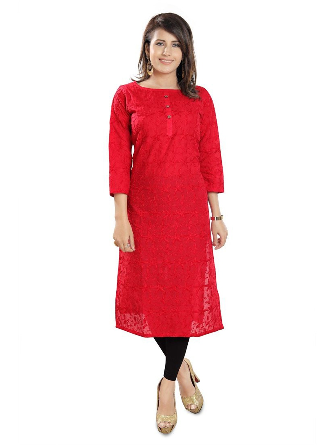 

DREAM & DZIRE Thread Work Boat Neck Pure Cotton Straight Kurta, Red