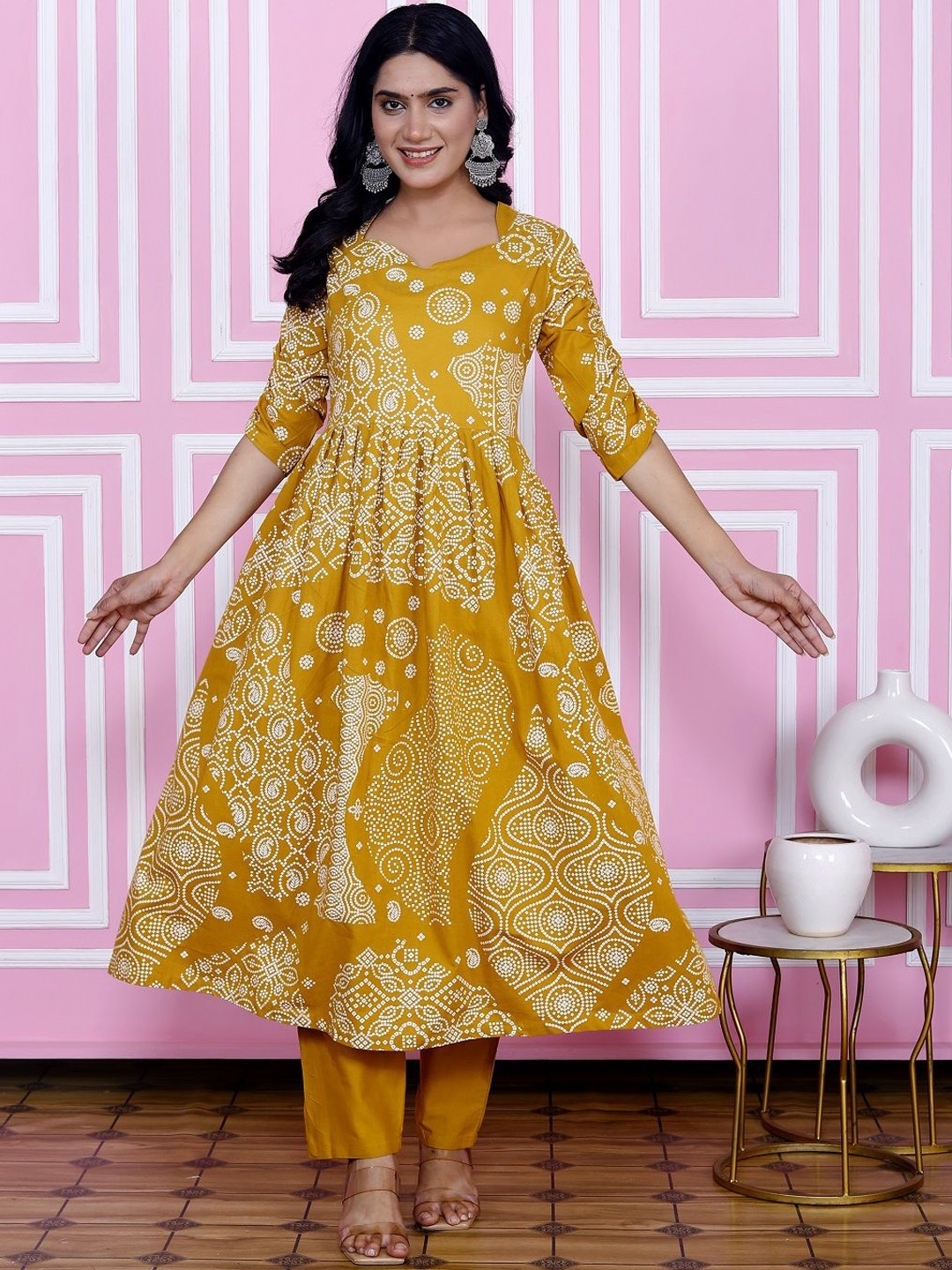 

Moda Rapido Bandhani Printed Pure Cotton Anarkali Kurta With Trouser & Dupatta, Yellow
