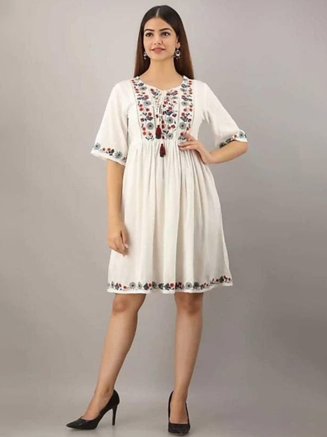 

13-Star Floral Embroidered Fit & Flare Dress, White
