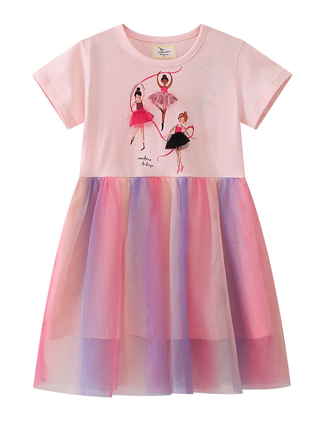 

LULU & SKY Girls Cotton Printed Round Neck Fit and Flare Dress, Pink