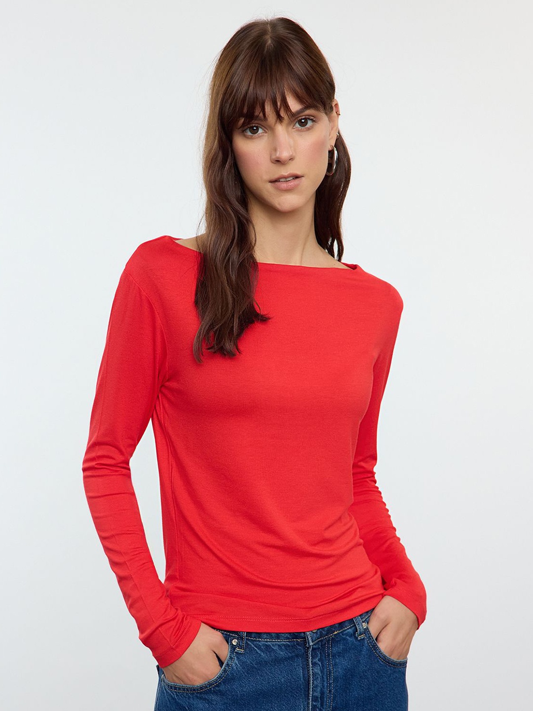 

Trendyol Women Boat Neck Fitted Top, Red