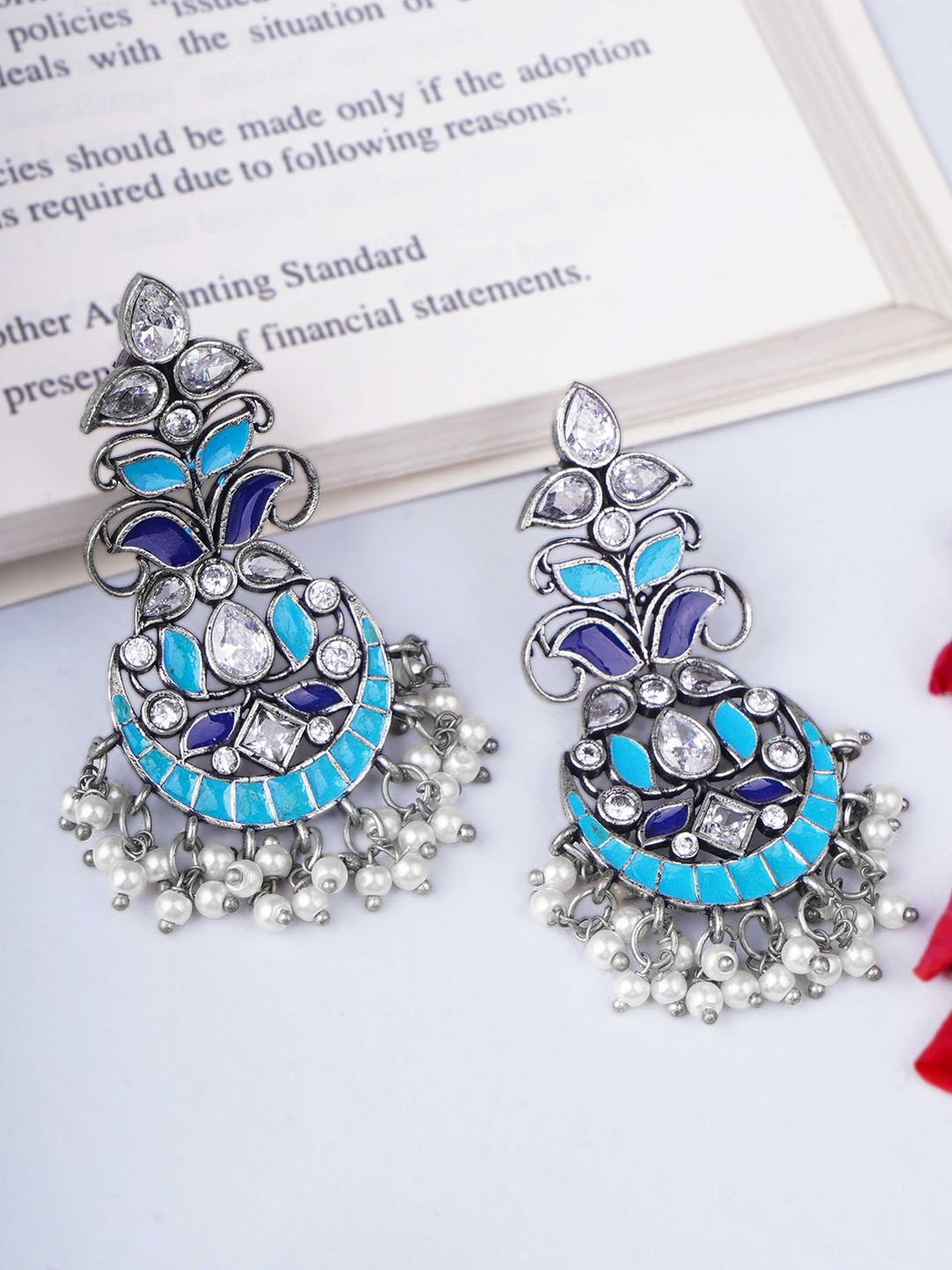 

Adwitiya Collection Oxidised Silver-Plated Stones and Bead Studded Classic Drop Earrings