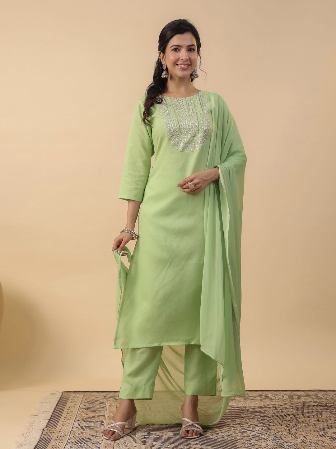 

Janasya Women Embroidered Regular Pure Cotton Kurta with Trousers & With Dupatta, Green