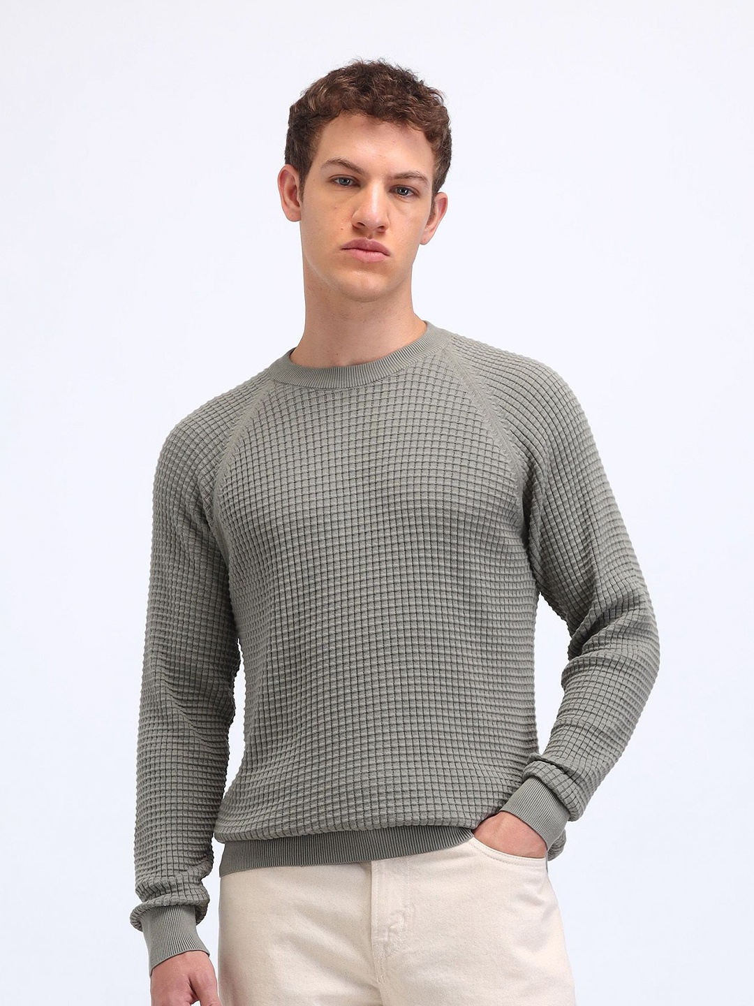 

Flying Machine Men Cotton Self Design Cable Knit Pullover, Green