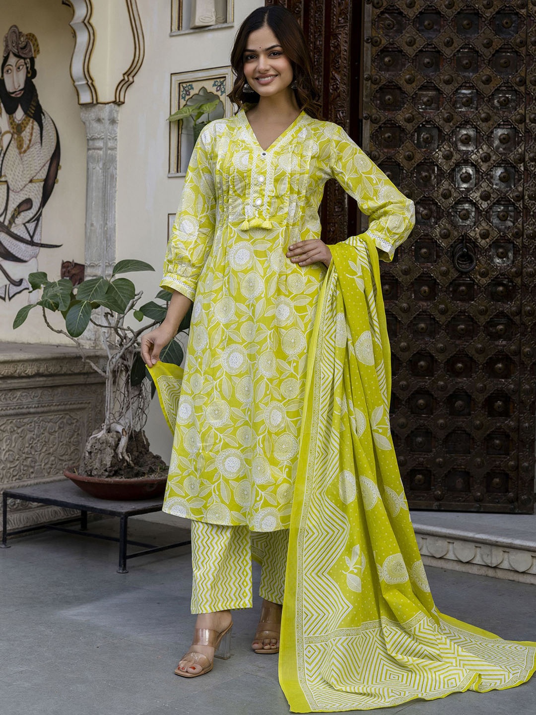 

Anouk Lime Green Floral Printed V-Neck Pure Cotton Straight Kurta With Trouser & Dupatta