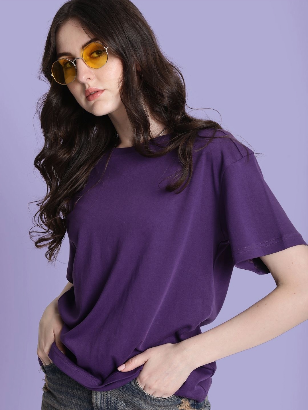 

Bene Kleed Women Solid Round Neck Cotton Oversized T-shirt, Purple