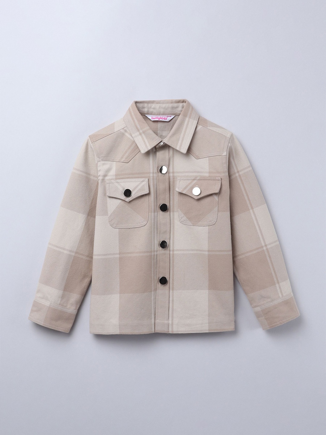 

taffykids Boys Relaxed Fit Spread Collar Windowpane Checked Casual Shirt, Beige