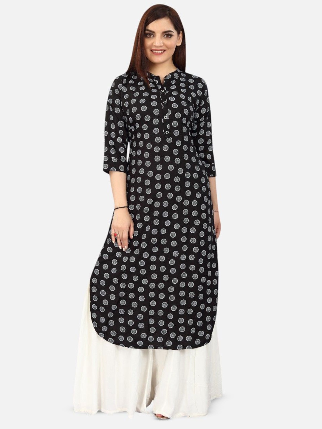 

Biyu Geometric Printed Mandarin Collar Kurta, Black