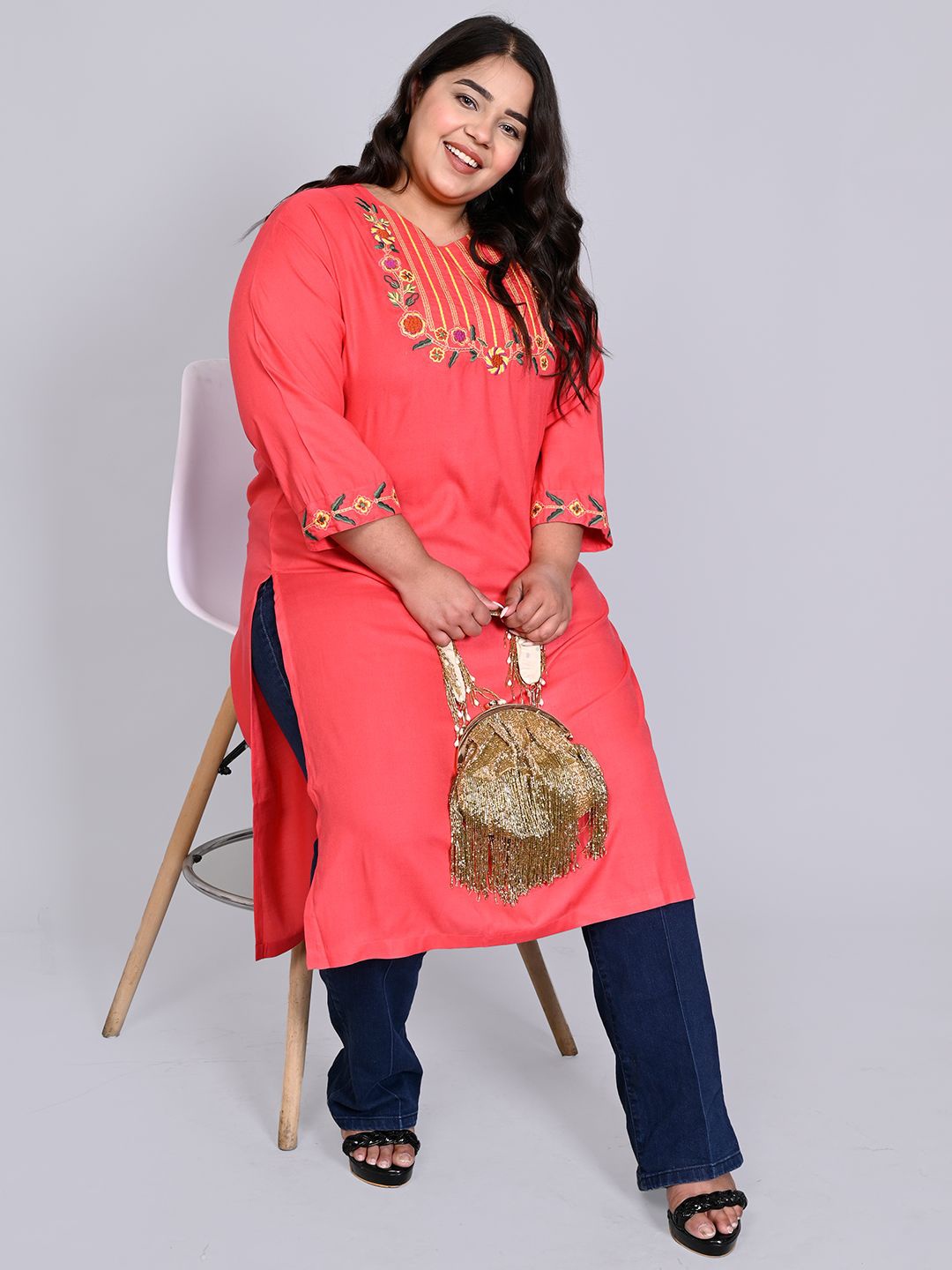 

Anushil Women Plus Size Floral Embroidered Round Neck Straight Kurta, Pink