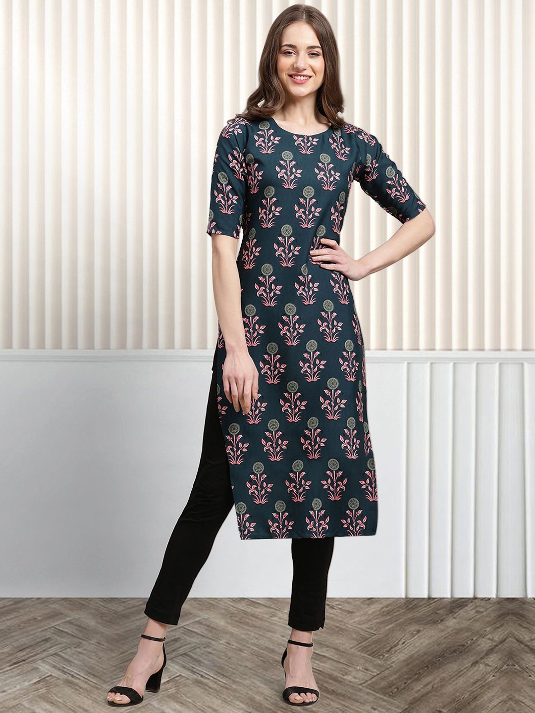 

Moda Rapido Floral Printed Round Neck Straight Kurta, Blue