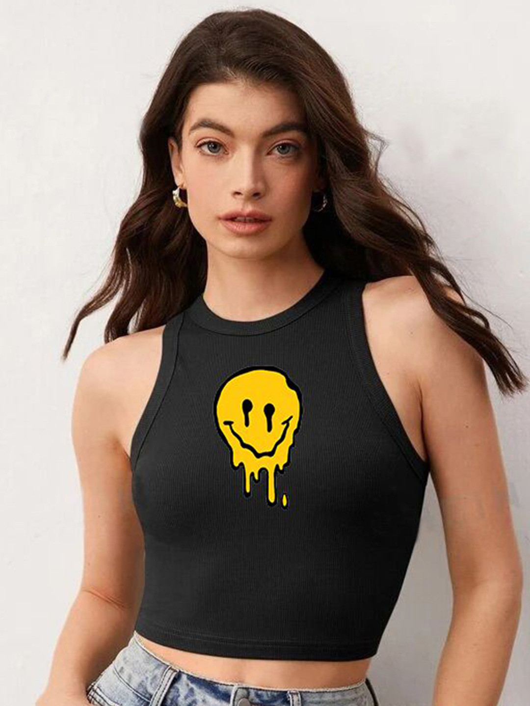 

The Roadster Lifestyle Co. Cotton Printed Sleeveless Tank Crop Top, Black