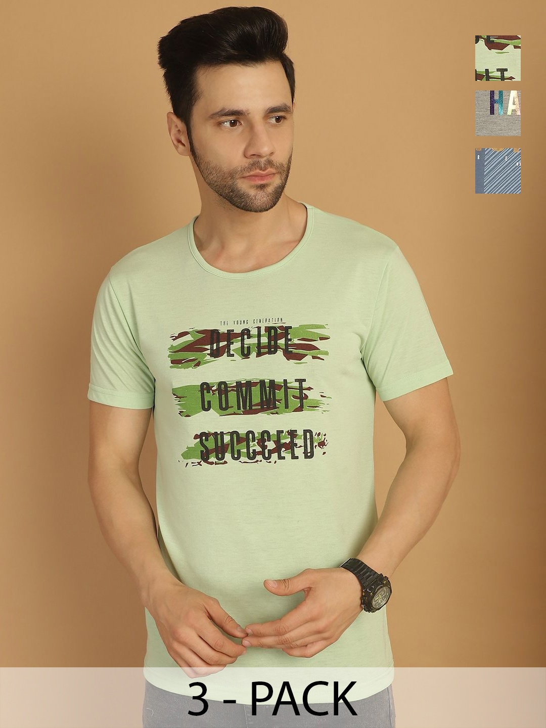 

MACK JONNEY Men Pack Of 3 Typography Printed Round Neck Cotton T-shirts, Green