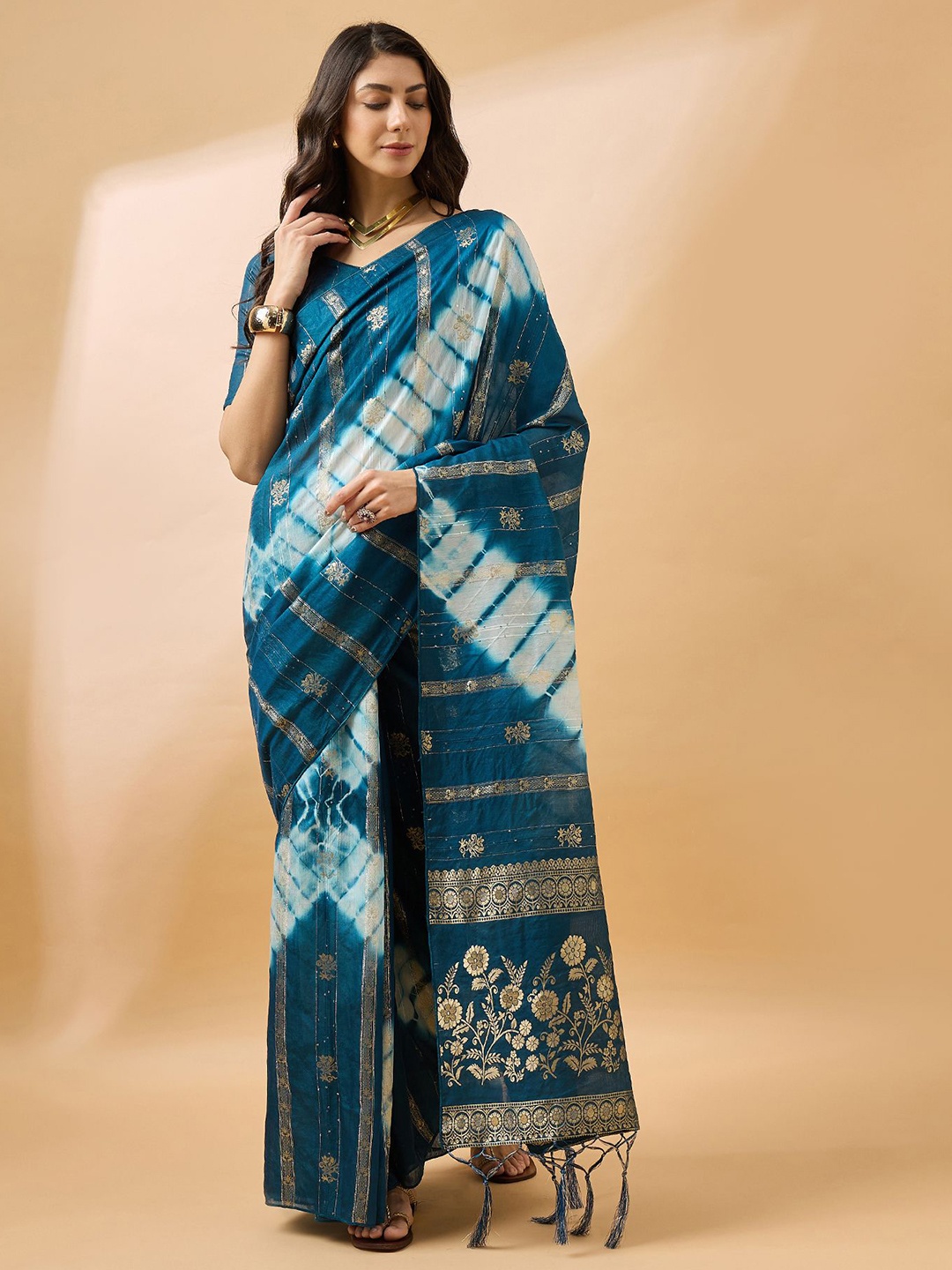 

KIMISHA Tie and Dye Zari Bandhani Saree, Teal