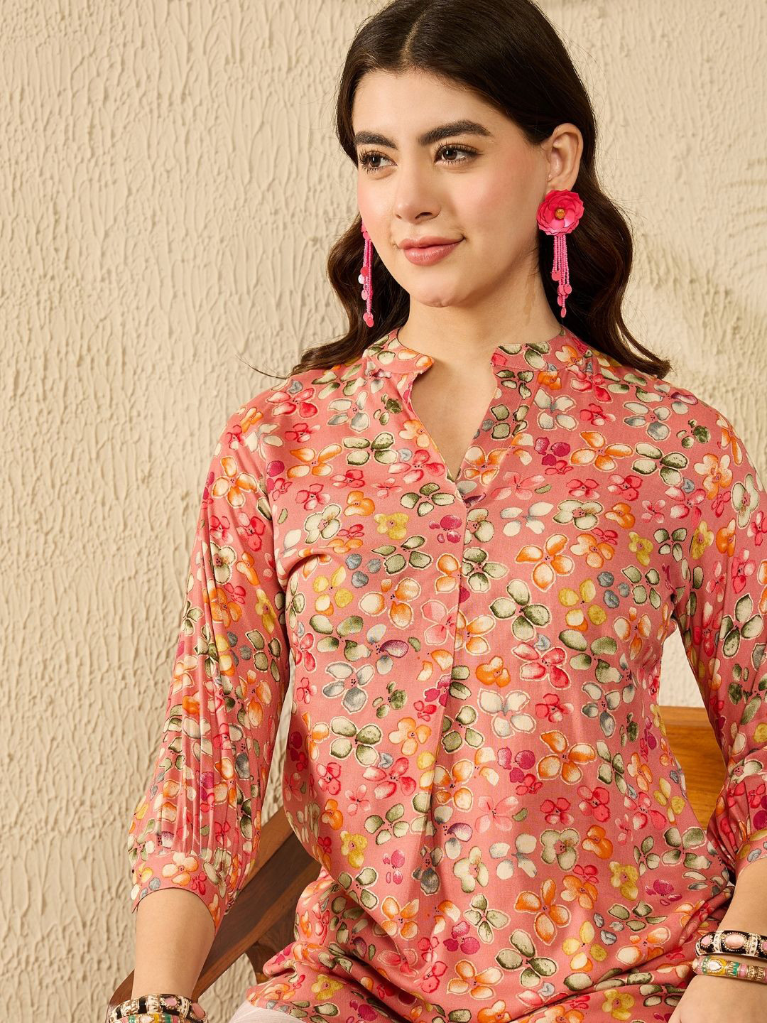 

AHIKA Floral Print Mandarin Collar Top, Pink