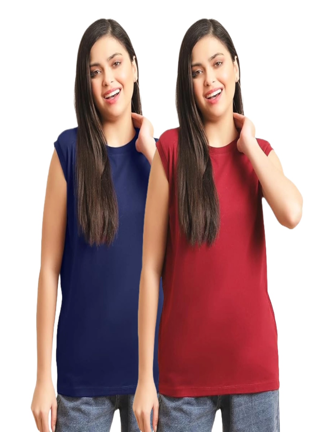 

NOTWILD Women Pack Of 2 Solid Round Neck Cotton T-shirts, Navy blue