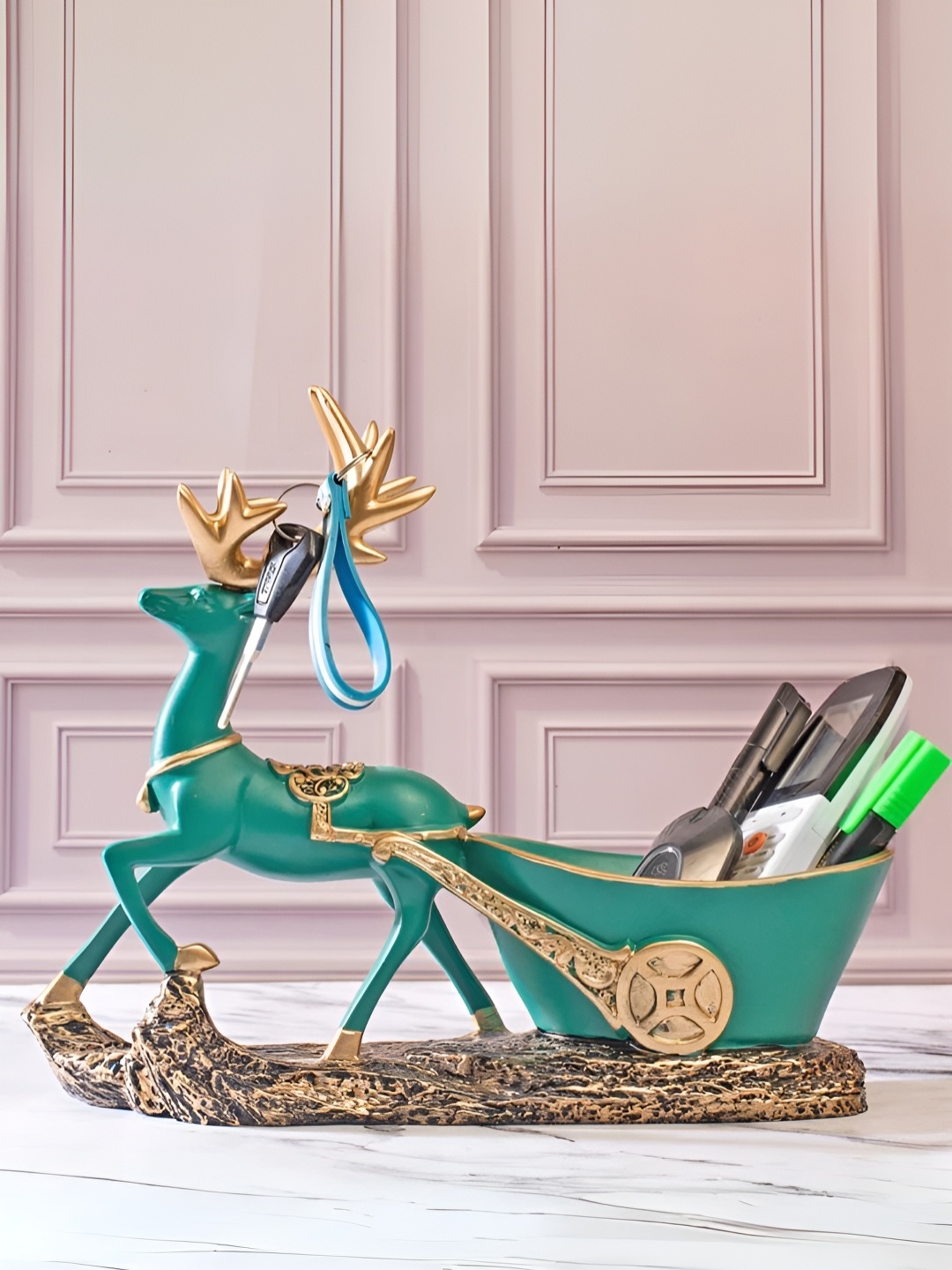 

SMOKEY COCKTAIL Green And Gold-Toned Deer Decorative Organizer Figurine Showpiece