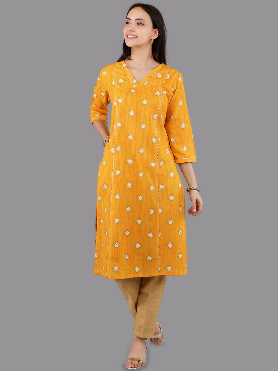 

VAPPSYAM Geometric Printed V-Neck Pure Cotton Gotta Patti Straight Kurta, Yellow