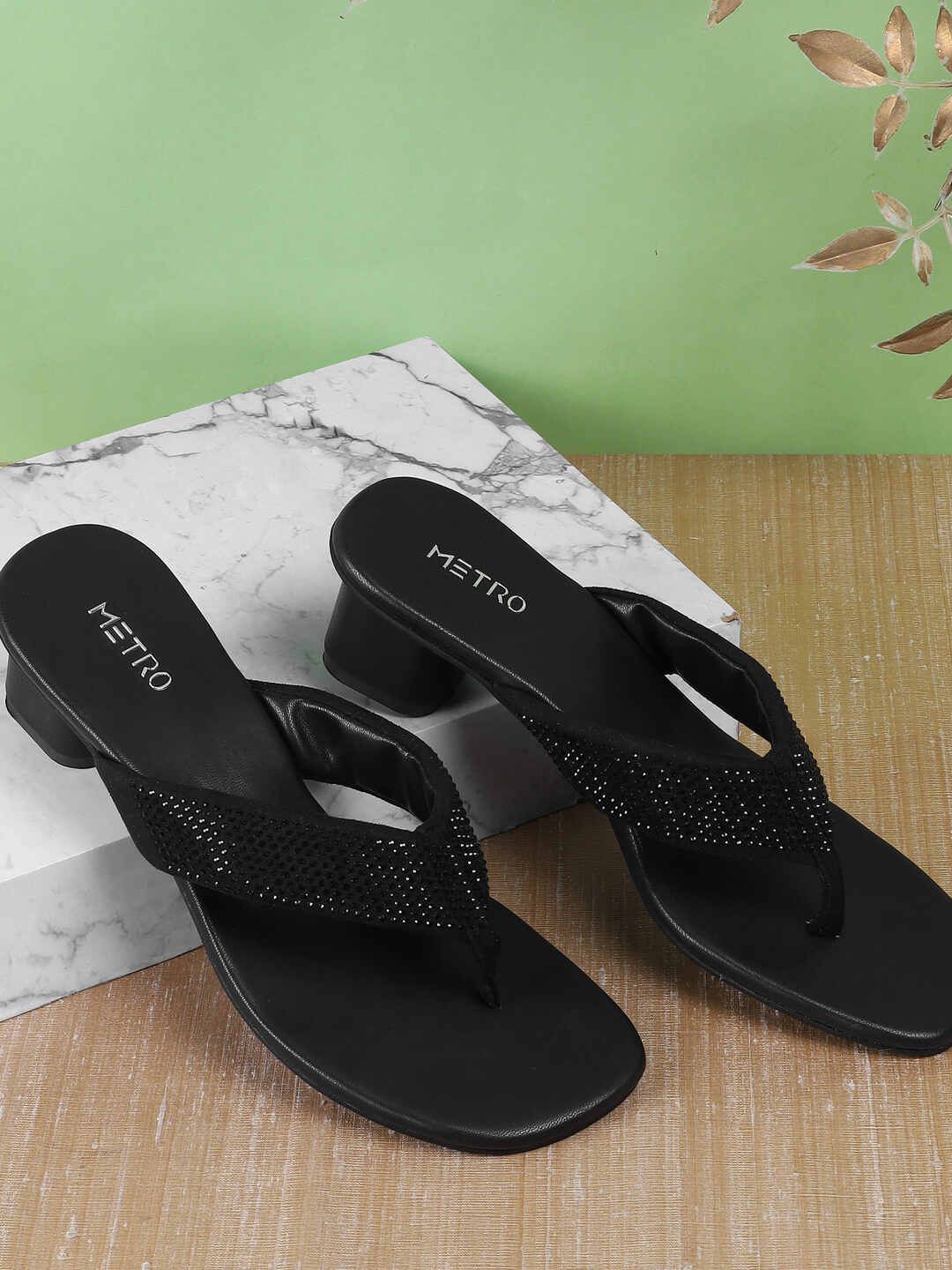 

Metro Women Embellished Block Sandals, Black