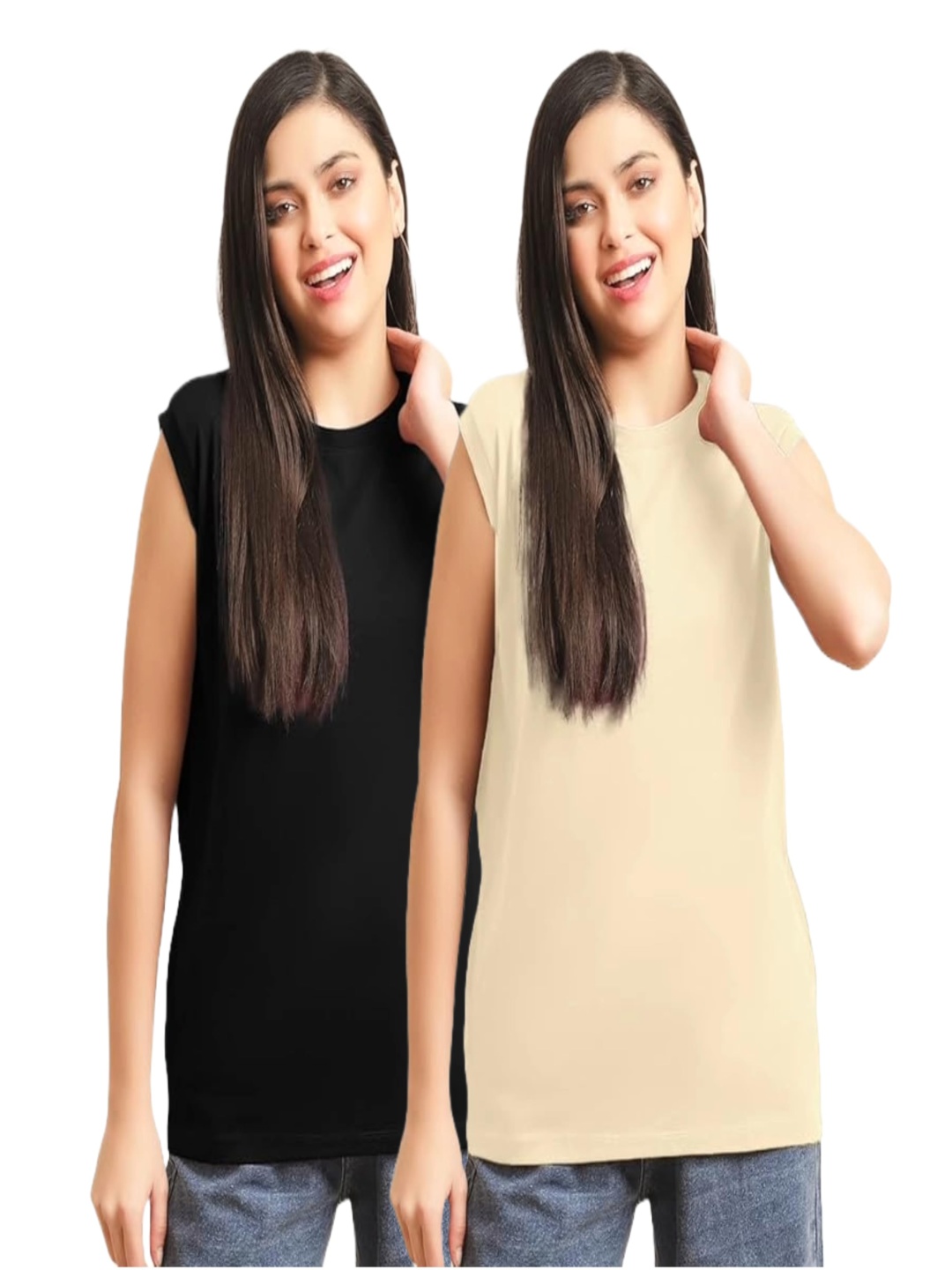 

NOTWILD Women Pack Of 2 Solid Round Neck Cotton T-shirts, Black