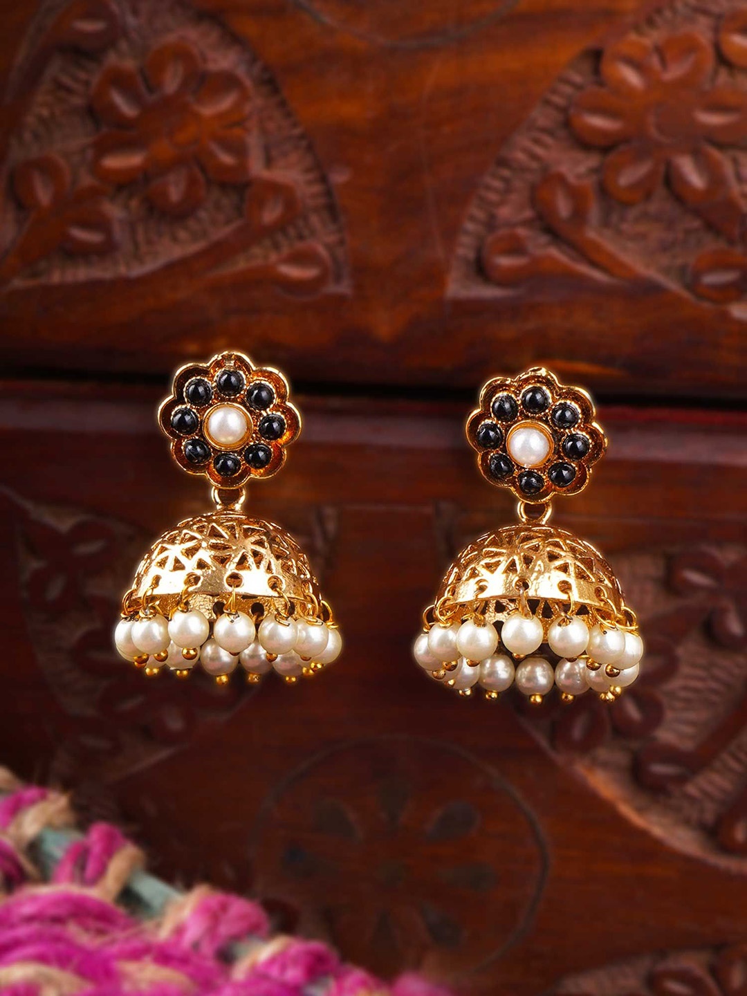

Adwitiya 24K Gold-Plated Artificial Beads Beaded Dome Shaped Jhumkas