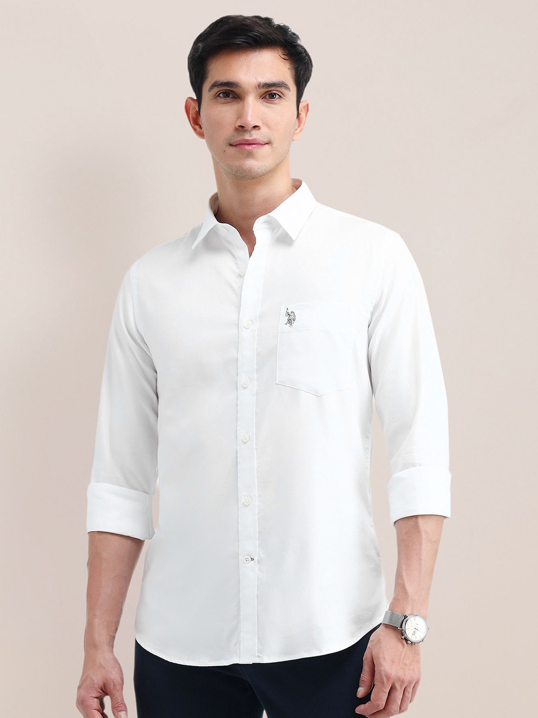 

U.S. Polo Assn. Men Spread Collar Solid Cotton Casual Shirt, White