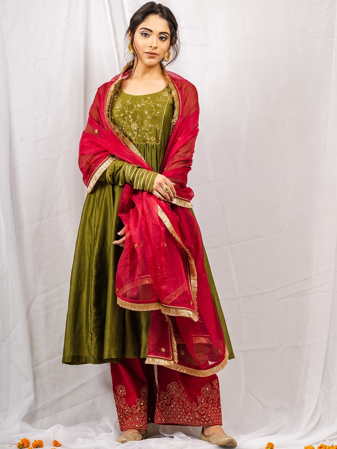 

Tapestry Women Embroidered Panelled Chanderi Silk Kurta with Palazzos & With Dupatta, Green
