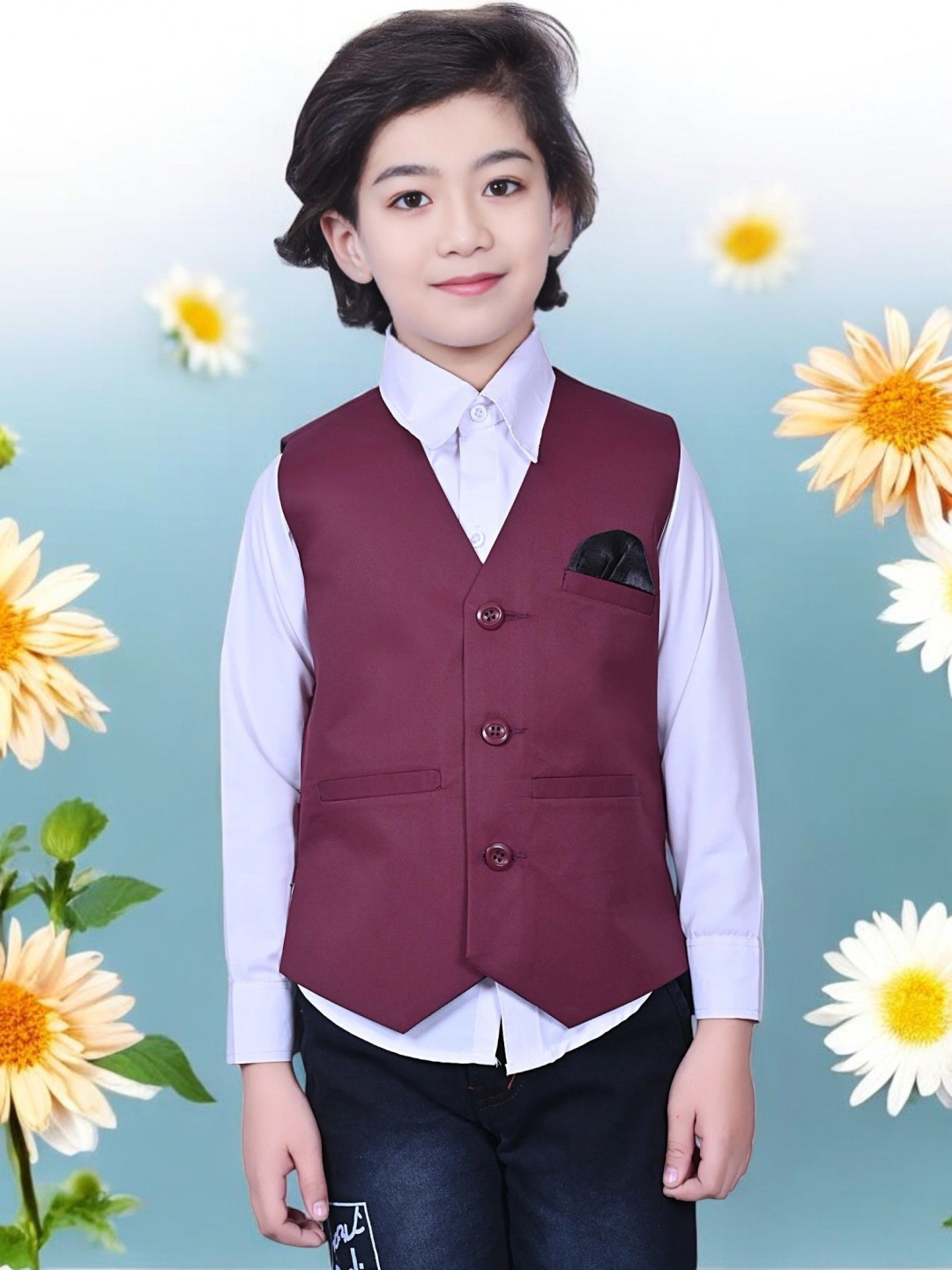 

Eliq Boys V-Neck Party Waistcoat With Shirt, Maroon